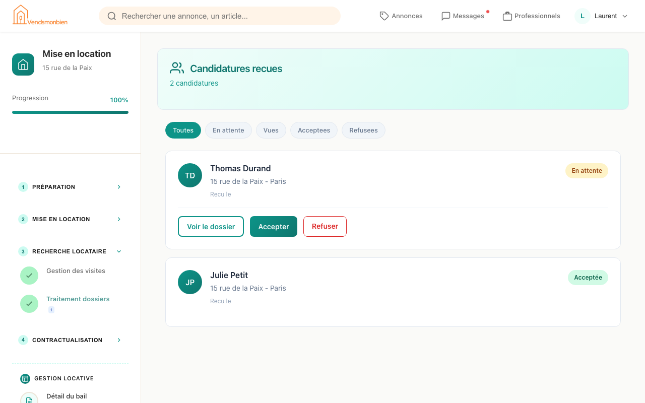 Aperçu candidatures locataires